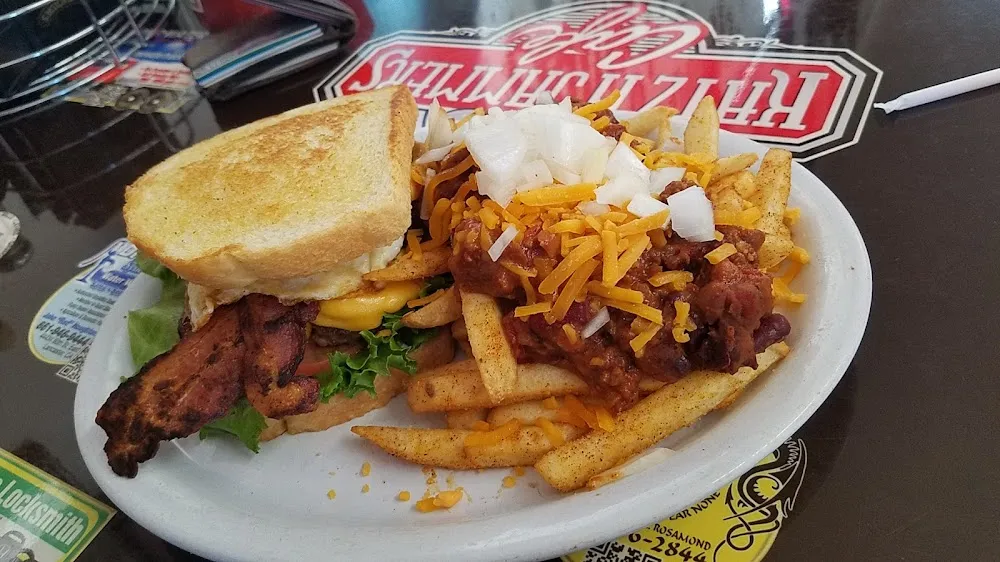 Bacon Cheese Burger on Sourdough Egg Top and Chili Fries with Cheese